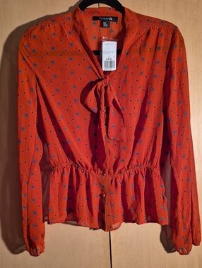 Forever 21 Rust Orange Long-Sleeve Tie-Neck Peplum Blouse